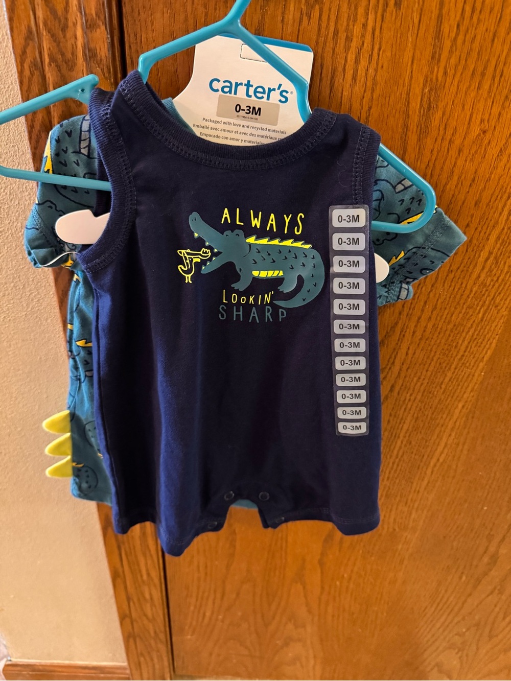 NWT 2pc Carters Navy Baby Rompers with Teal & Lime Alligator Graphic Size 0-3mth